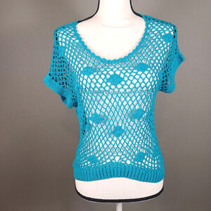 💙 VINTAGE 90s Miss Kelly Bright Blue Crochet Hi-Lo Boho Pullover Top M/L